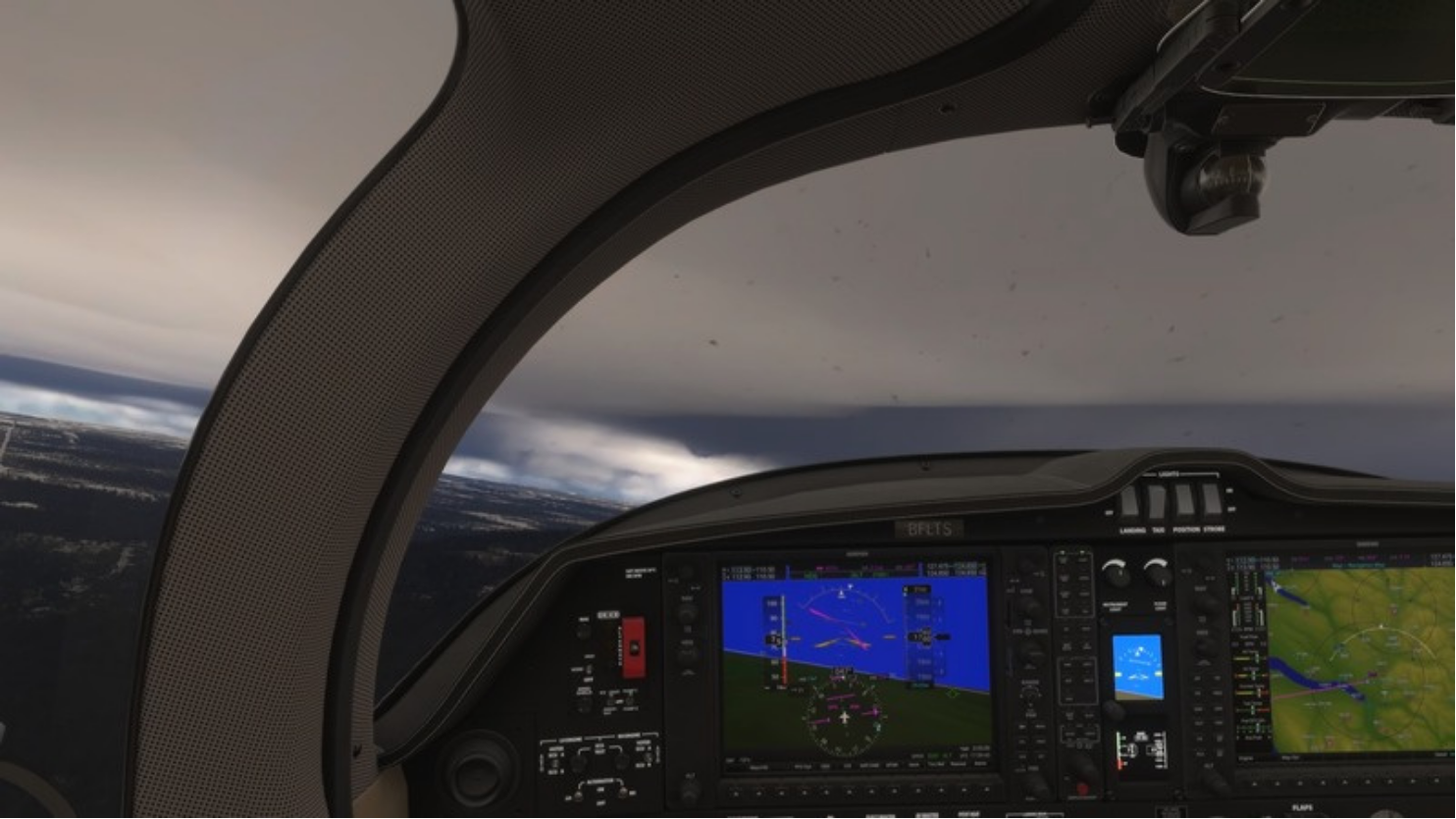 Flight simulator cockpit banking beneath cloudy skies
